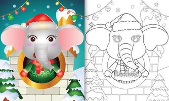 kleurboek met schattige olifant-kerstfiguren met kerstmuts en sjaal in huis vector