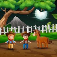 cartoon illustratie cowboy en cowgirl in het nachtlandschap vector