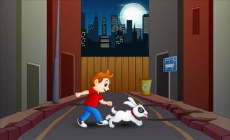 tekenfilm van een jongen die 's nachts met zijn hond loopt vector