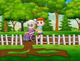 natuurtafereel met een jongen en zijn grootmoeder in een rolstoel vector