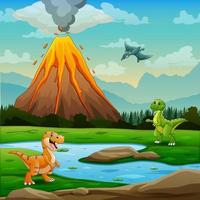 schattige dinosaurussen met vulkaanuitbarstende achtergrondillustratie