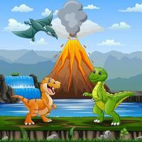 schattige dinosaurussen met vulkaanuitbarstende achtergrondillustratie vector