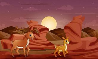 zonsondergangachtergrond met herten en haar welpen in de woestijn vector