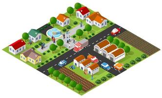 isometrische illustratie van een landelijk gebied met veel gebouwen en huizen, straten, bomen en voertuigen vector
