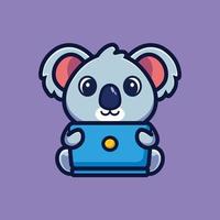 schattige koala cartoon werken voor een laptop. dier technologie pictogram illustratie concept premium vector