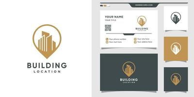 gebouw locatie logo ontwerp met pin concept. logo en visitekaartje ontwerp. premium vector