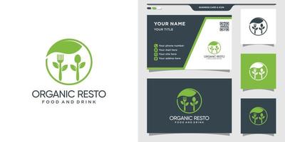 biologisch resto-logo voor restaurant met bladstijl en visitekaartjeontwerp premium vector