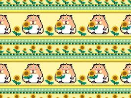 zonnebloem en hamster cartoon karakter naadloos patroon op gele background.pixel stijl vector