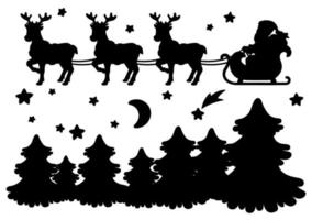 de kerstman draagt kerstcadeautjes op een rendierslee. nacht bos. zwart silhouet. ontwerpelement. sjabloon voor boeken, stickers, posters, kaarten, kleding. vector