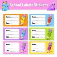 terug naar schoollabels. stickers instellen voor notebook. naam en klas. heldere stickers. rechthoekig etiket. kleur geïsoleerde vectorillustratie. stripfiguren. vector