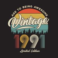 1991 vintage retro t-shirtontwerp, vector, zwarte achtergrond vector