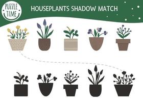 schaduw match activiteit voor kinderen met kamerplanten in potten. voorschoolse puzzel met zelfgemaakte bloemen in pot. schattig lente bloemen educatief raadsel. vind het juiste silhouetspel. vector