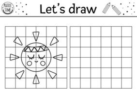 maak het zonnebeeld compleet. vector tekening praktijk werkblad. lente afdrukbare zwart-wit activiteit voor kleuters. kopieer het fotospel voor kinderen met schattige planeet