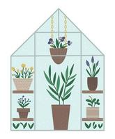 vectorkas met planten in potten en bloemen. platte warme huis illustratie geïsoleerd op een witte achtergrond. vooraanzicht greenroom foto. lente tuin illustratie. vector