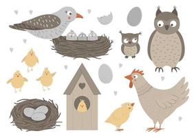 vector set hand getrokken platte baby vogels met ouders, nesten, eieren. grappige bosdierenscène die familieliefde toont. schattige bos dierlijke illustratie voor moederdagontwerp