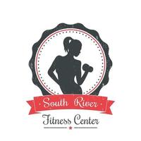 fitnesscentrum, vintage grunge-logo, embleem, bord met atletisch meisje op wit, vectorillustratie
