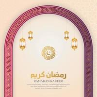 ramadan kareem witte islamitische luxe patroon boog achtergrond met decoratieve lantaarns vector