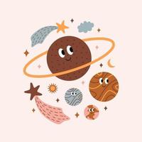 schattige heldere kleurrijke kosmische objecten in boho-stijl. vectorprint voor kinderkamer, stickers, wenskaarten, kinder- en babykleding. vector