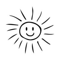 schattige cartoon hand tekenen zon. zoete vector zwart-wit tekening van de zon. geïsoleerde monochroom doodle zon patroon op witte achtergrond.