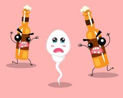 sperma loopt weg van cartoon met alcoholfles. ongezond sperma en ei concept. vector illustratie