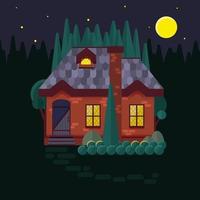het huisje in het bos, vlakke stijl. nacht, licht brandt in het raam. gezellig huisje gemaakt van steen of baksteen. boshut 's nachts