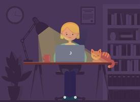 freelancer die bij nachtconcept werkt. jonge vrouw zitten in de kamer met laptop. vector