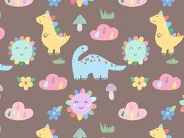 getekend schattig dinosaurussenpatroon. kinderpatroon met dinosaurussen, zon, wolken. helder, veelkleurig patroon voor textiel, behang. vector