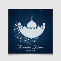 ramadan kareem social media postsjabloon. vierkante flyer en banner met ornament moskee en blauwe lantaarn achtergrond. vector illustratie
