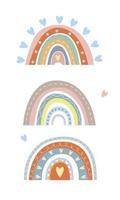 regenboogcollectie in boho-stijl, pastelkleuren. abstracte handgetekende prints. minimalistische scandinavische regenboog met verschillende decoratieve elementen van doodles, lijnen, hart. romantisch ontwerp. vector