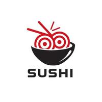 sushi-logo in een kom eetstokjes swoosh bowl oosterse japanse keuken, japanse sushi zeevruchten logo ontwerpinspiratie vector