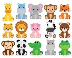 schattige wilde dieren set inclusief leeuw, tijger, nijlpaard, beer, zebra, giraf en olifant. safari jungle dieren vector. bos dieren illustratie vector