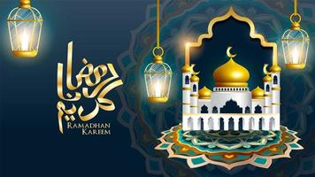 Ramadan Kareem-designmoskee met 3 hangende lantaarns vector