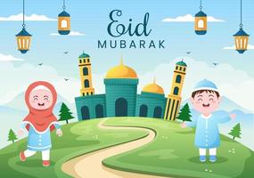 gelukkige eid ul-fitr mubarak achtergrond afbeelding. moslim mensen vieren met handen schudden elkaar wensen en verontschuldigen zich in vlakke stijl vector