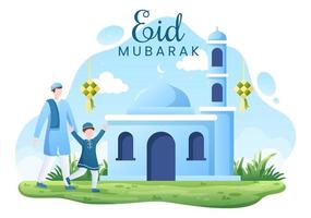 gelukkige eid ul-fitr mubarak achtergrond afbeelding. moslim mensen vieren met handen schudden elkaar wensen en verontschuldigen zich in vlakke stijl vector