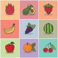 set van fruit vectorillustratie. drakenfruit. avocado. aardbei, banaan, druif, watermeloen, sinaasappel, appel, lychee vector