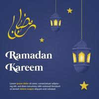 vierkante ramadan kareem wenskaartsjabloon met lantaarns en sterren geïsoleerd op donkerblauwe achtergrond vector