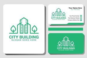 moderne groene stad gebouw logo, lijn kunst eco stad logo met identiteitskaart ontwerp, vector sjabloon
