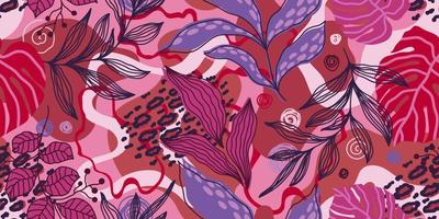 vector naadloze roze banner met kleurrijke tropische bladeren