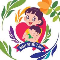 platte ontwerp cartoon schattige moeder met baby in arm op kleurrijke bloemmotief achtergrond
