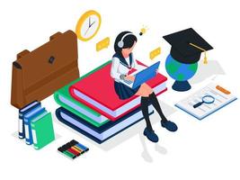 vrouwelijke student luistert audioboek van laptop en zit op stapel boeken, isometrische e-learning illustratie concept. vrouw met laptop, koptelefoon, boeken, wereldbol, tas, afstudeerpet, vector