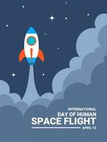 vectorillustratie van een raketlancering in de ruimte, als een spandoek, poster of sjabloon voor de internationale dag van de menselijke ruimtevlucht. vector