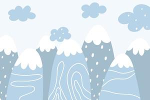 vector kinderachtig getekende berg illustratie in Scandinavische stijl. berglandschap, zon en vogels. kinder behang. berglandschap, kinderkamerontwerp, wanddecor.