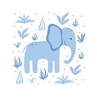 schattige blauwe olifant met planten. kinderposter met een olifant. hand getrokken style.vector afbeelding. geschikt voor prints, ansichtkaarten, posters. vector