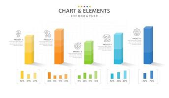 infographic sjabloon voor zakelijk project. 5 stappen 3d staafdiagramdiagram met gelaagde blokniveaus, presentatie vector infographic.