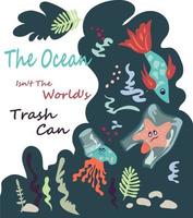 een poster met een oproep om de oceaan te redden van plastic afval met een zee dewells verstrikt in een zak, vector. vechten voor ecologie en het verminderen van het gebruik van plastic concept. vector