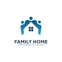 familiehuislogo, illustratie van drie mensen of families die knuffelen in hun geliefde huis. vector