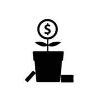dollar munt groeien uit bloempot silhouet. zwart-wit pictogram ontwerpelement op geïsoleerde witte achtergrond vector