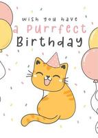 gelukkige purfecte verjaardagswenskaart, leuke gelukkige glimlach speelse gember oranje poes kat met verjaardagsfeestje hoed, dierlijk huisdier cartoon tekening vector