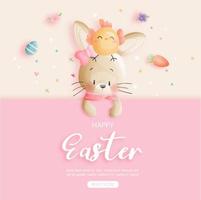 gelukkig Paaskaart met konijn en kuiken op roze vector