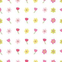 naadloos patroon met kleurrijke madeliefje en tulp bloemen. geweldig voor stof, inpakpapier, paasontwerp. hand getekende vlakke afbeelding op witte achtergrond. vector
